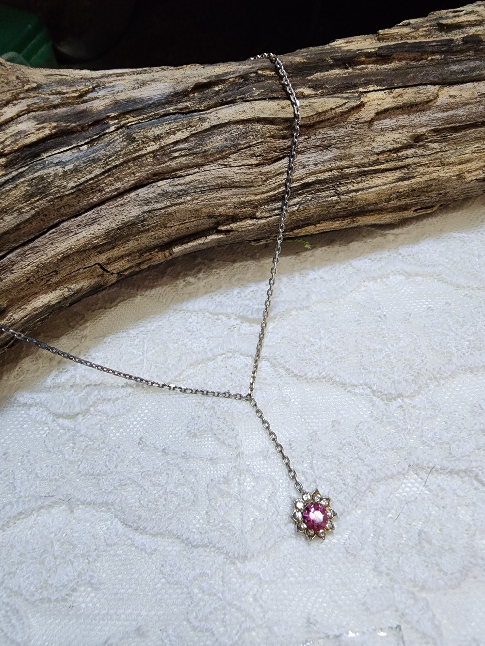 Nina Ricci Silver Toned Necklace with Pink & Clear Crystal Flower Pendant